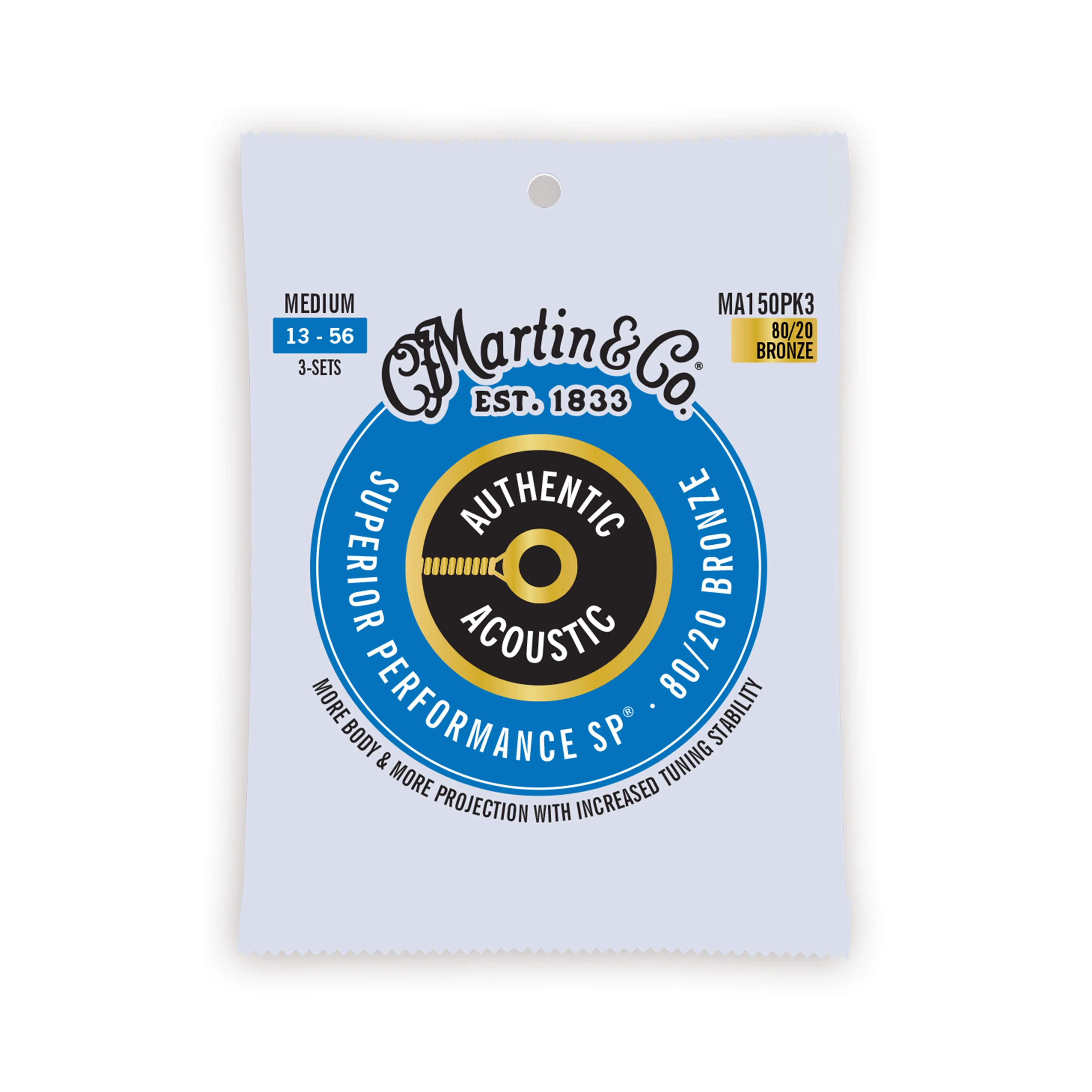 Martin MA150PK3 Authentic Acoustic SP 80/20 Bronze Acoustic Guitar Strings, Medium, 13-56, 3-Pack